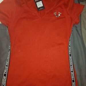 True Religion Women's Red V-Neck Dress Tee with Branded Side Tape